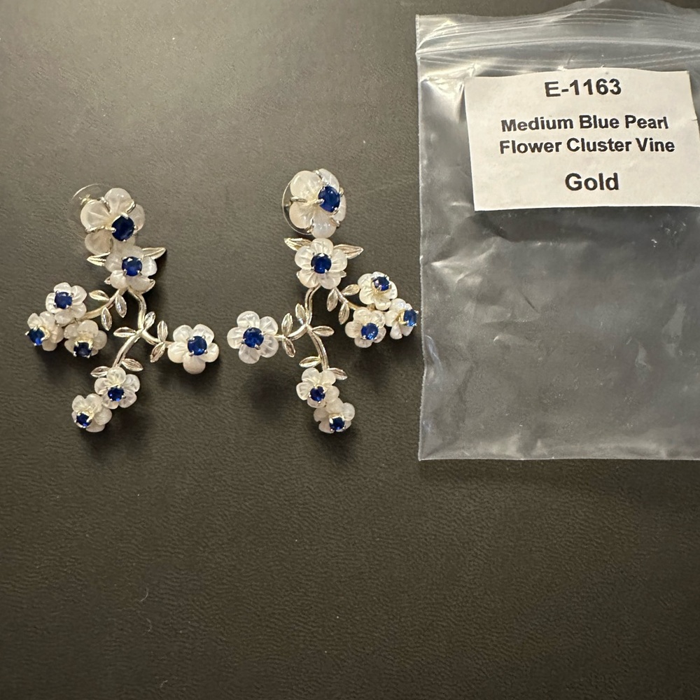 Gold Medium Blue Pearl Flower Cluster Vine Earrings